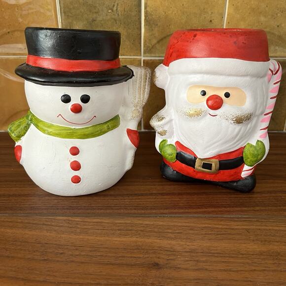 Santa Claus and Snowman Ceramic Candle Holders Christmas - Picture 1 of 9
